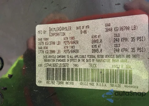 2007 Dodge Ram 1500 Slt from USA, damaged, VIN 1D7HA18267J515672